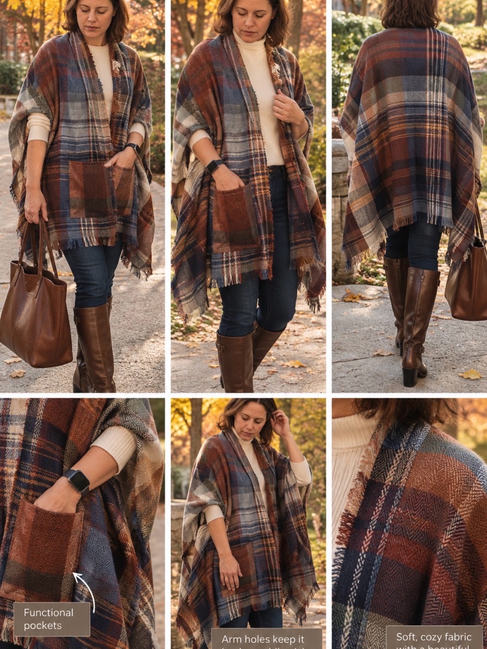 Plaid Fringe Ruana Poncho - Brown & Blue